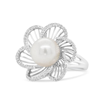 14K White Gold 11mm Round Pearl and 1/3 Cttw Round Diamond Openwork Flower Blossom Ring (H-I Color, VS1-VS2 Clarity) - Size 6.50