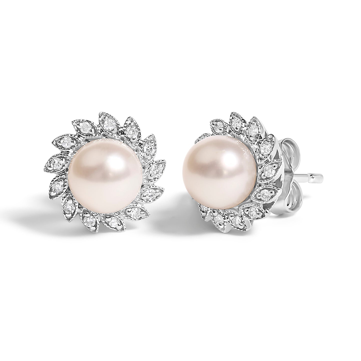 10K White Gold Heirloom-Style Pearl and Diamond Accent Halo Stud Earrings (I-J color, I1-I2 Clarity)