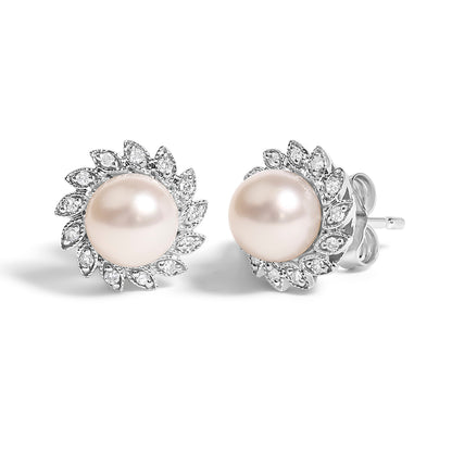 10K White Gold Heirloom-Style Pearl and Diamond Accent Halo Stud Earrings (I-J color, I1-I2 Clarity)