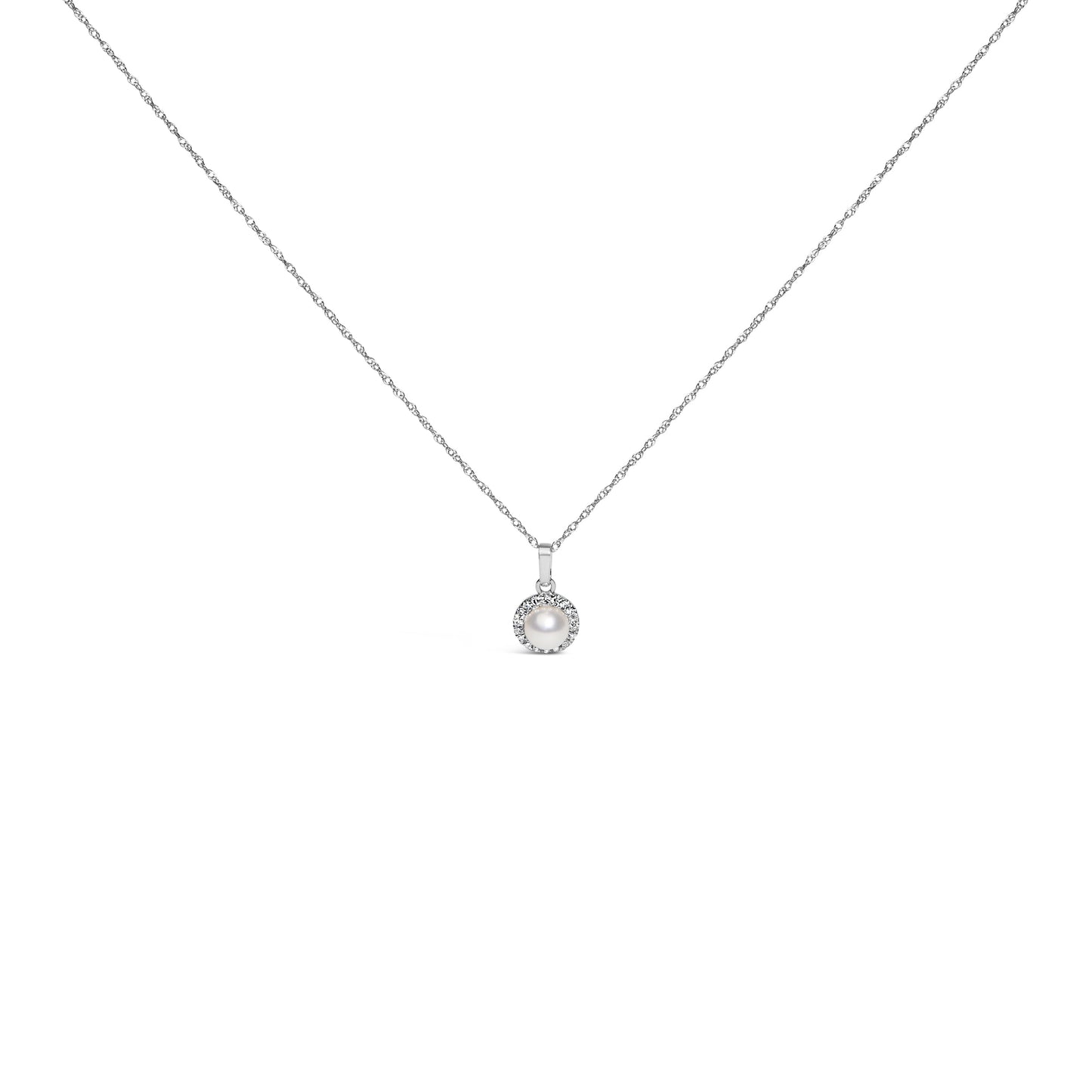 10K White Gold 5MM Cultured Pearl and Diamond Accent Halo Pendant Necklace