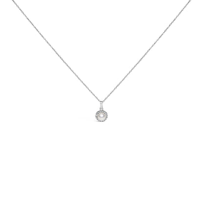 10K White Gold 5MM Cultured Pearl and Diamond Accent Halo Pendant Necklace