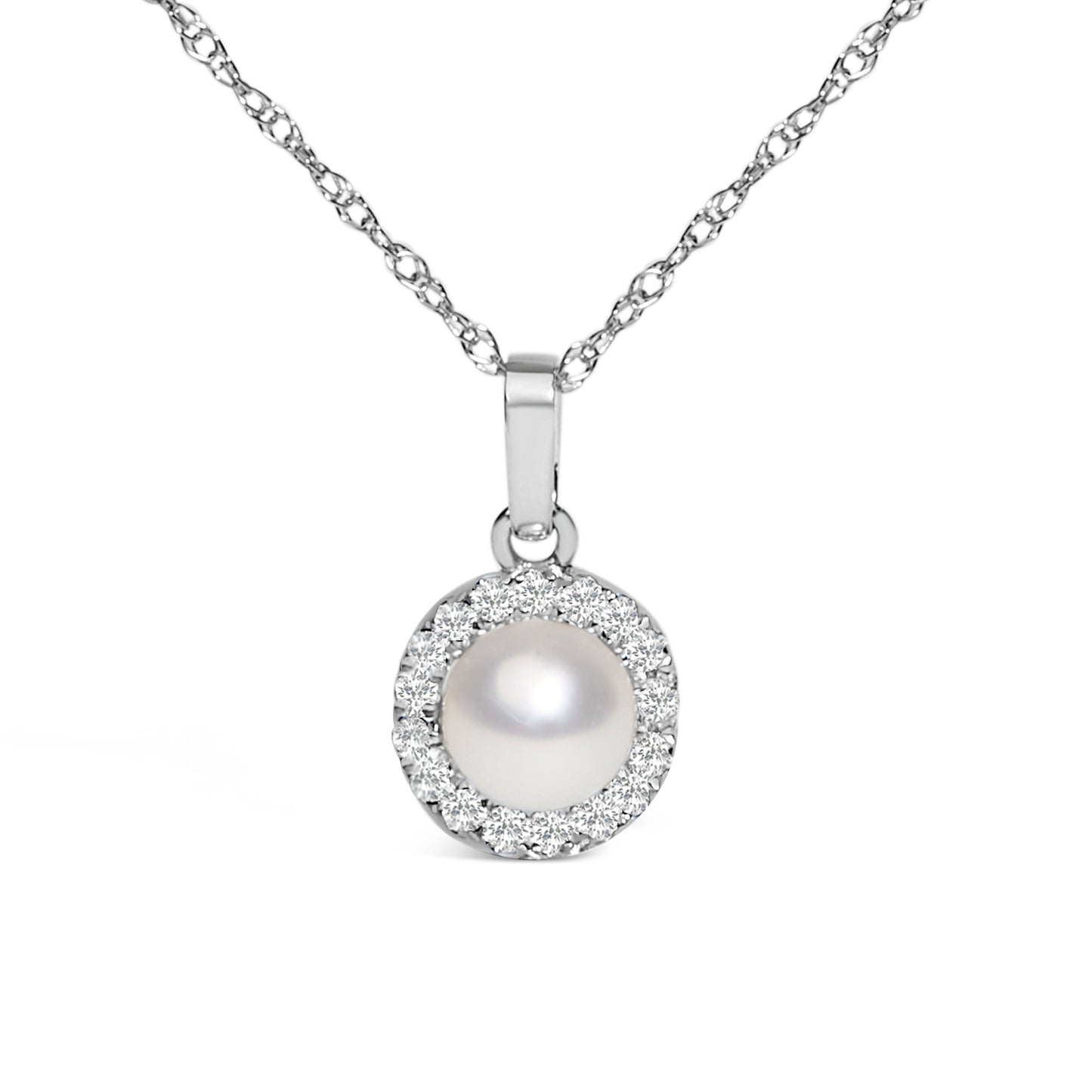 10K White Gold 5MM Cultured Pearl and Diamond Accent Halo Pendant Necklace