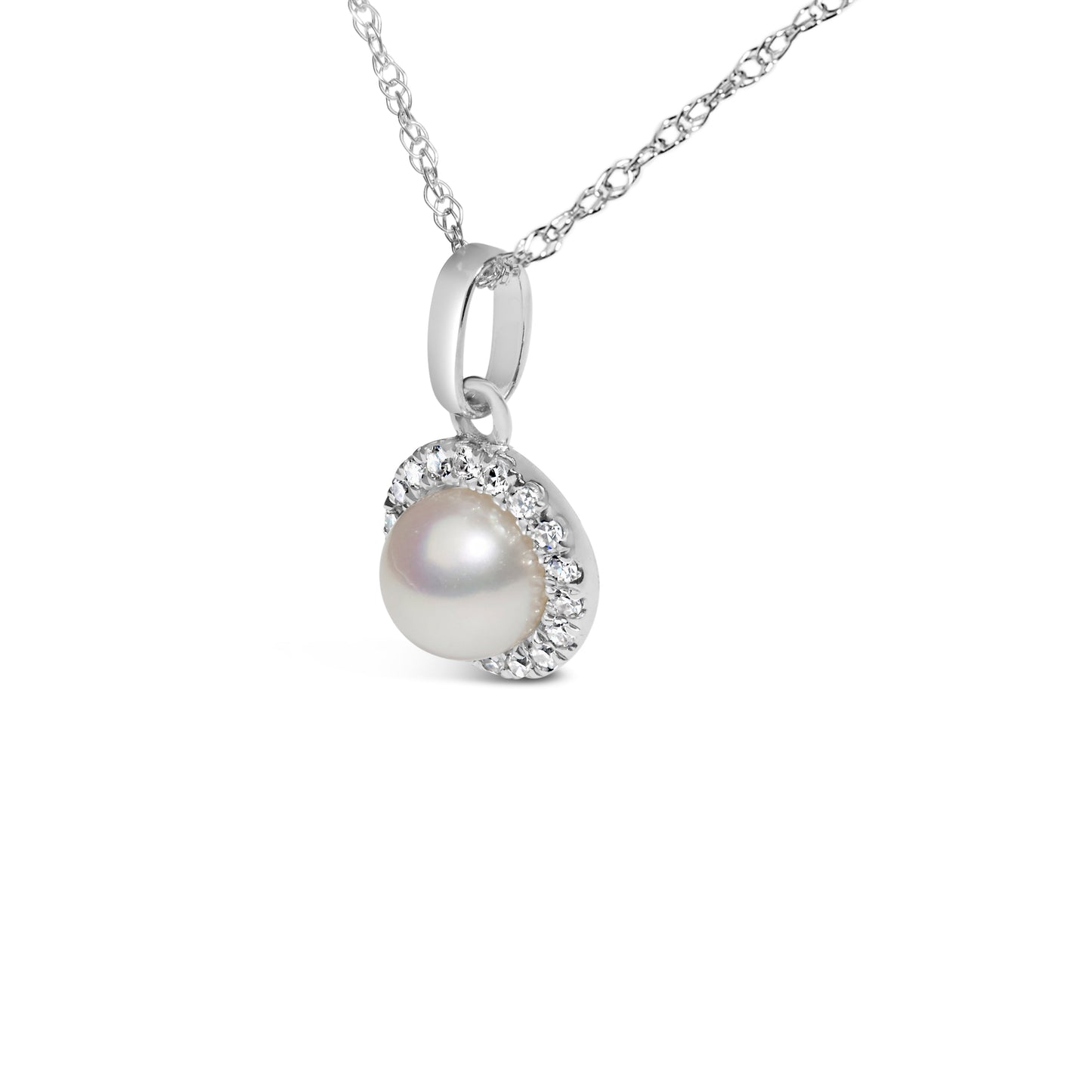 10K White Gold 5MM Cultured Pearl and Diamond Accent Halo Pendant Necklace