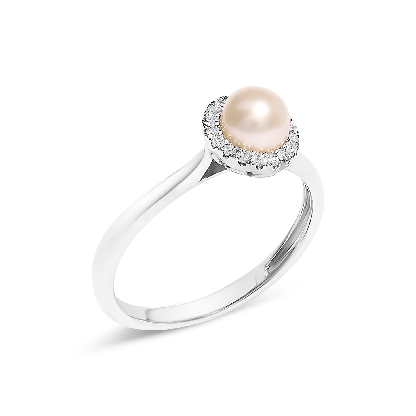 10K White Gold 5MM Cultured Freshwater Pearl  and Diamond Halo Ring (I-J Color, I1-I2 Clarity) - Ring Size 6.5