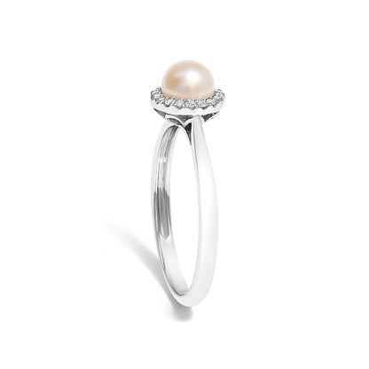 10K White Gold 5MM Cultured Freshwater Pearl  and Diamond Halo Ring (I-J Color, I1-I2 Clarity) - Ring Size 6.5