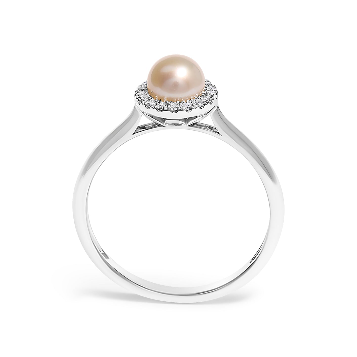 10K White Gold 5MM Cultured Freshwater Pearl  and Diamond Halo Ring (I-J Color, I1-I2 Clarity) - Ring Size 6.5
