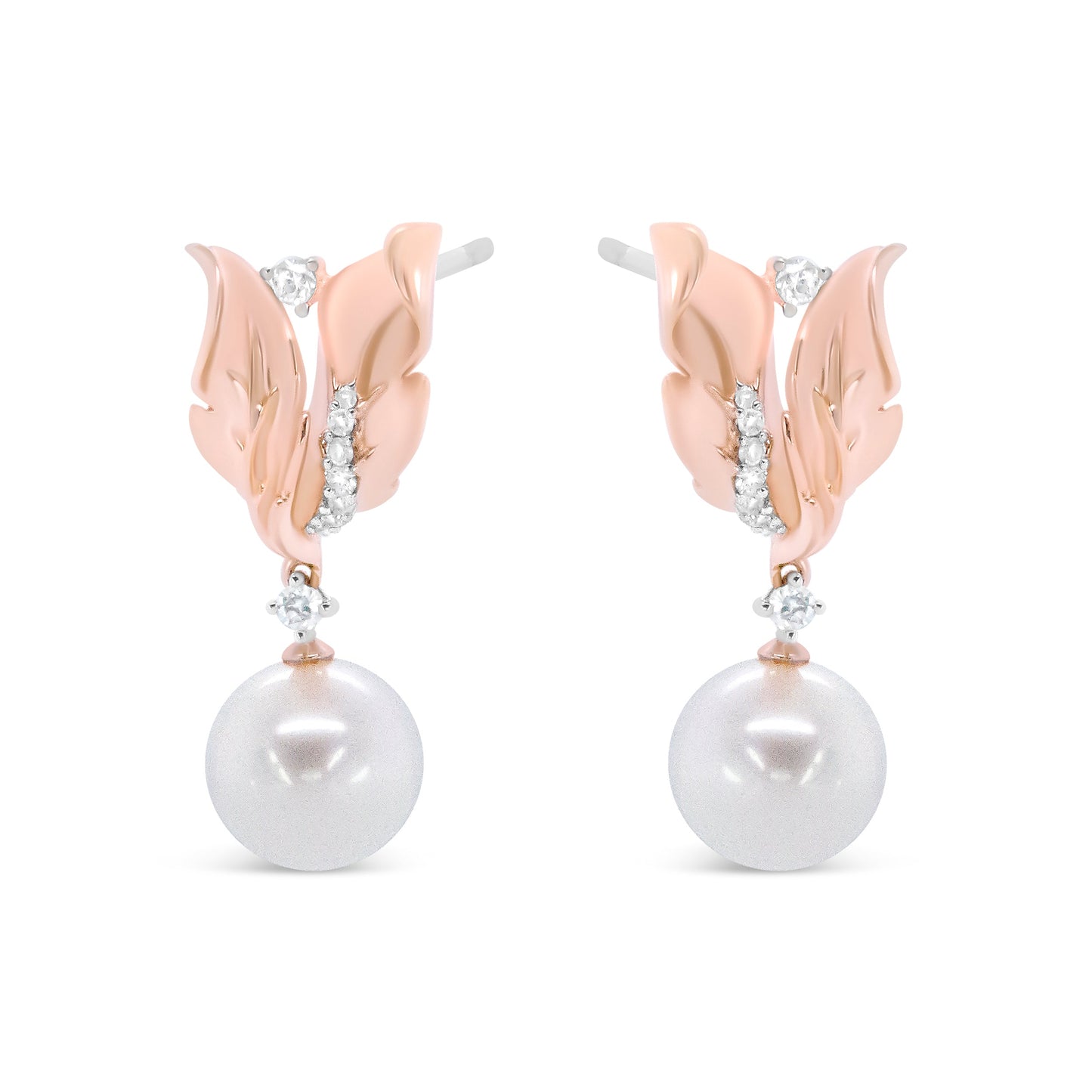 14K Rose Gold 1/6 Cttw Round Diamond and 8mm Round Pearl Floral Drop Stud Earrings (H-I Color, I1-I2 Clarity)