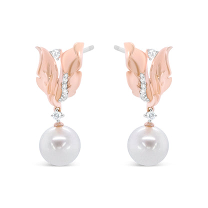 14K Rose Gold 1/6 Cttw Round Diamond and 8mm Round Pearl Floral Drop Stud Earrings (H-I Color, I1-I2 Clarity)