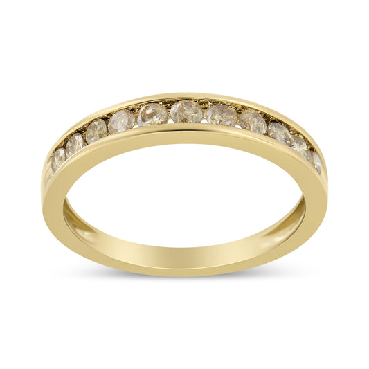 Bague jonc 11 pierres en argent sterling 925 plaqué or jaune 14 carats avec diamants ronds champagne sertis rail de 0,5 carat (couleur K-L, pureté I1-I2) - Taille 7