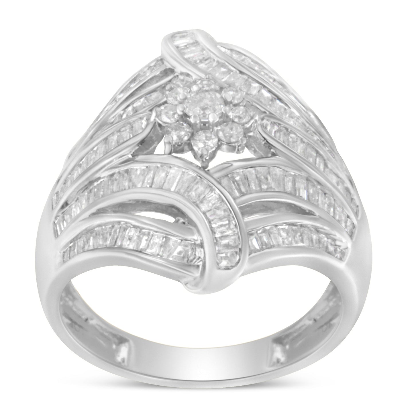 .925 Sterling Silver 1-1/8 Cttw Round & Baguette Diamond 'Flower & Fern' Cluster Cocktail Fashion Ring (I-J Color, I2-I3 Clarity) - Size 6