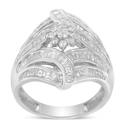 .925 Sterling Silver 1-1/8 Cttw Round & Baguette Diamond 'Flower & Fern' Cluster Cocktail Fashion Ring (I-J Color, I2-I3 Clarity) - Size 6
