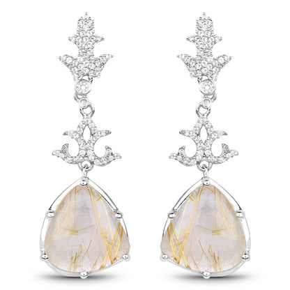 15.97 Carat Genuine Golden Rutile And White Topaz .925 Sterling Silver Earrings