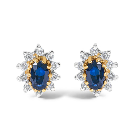 Boucles d'oreilles clous en or jaune 14 carats avec diamants 0,25 carat total et saphirs bleus, motif soleil, serti halo (couleur K-L, pureté I1-I2)