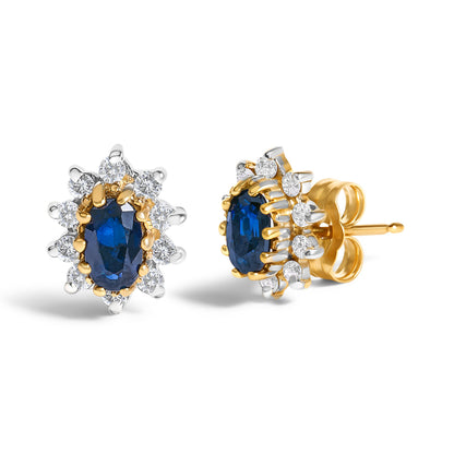 14K Yellow Gold 1/4 Cttw Diamond and Blue Sapphire Sunburst Halo Stud Earrings (K-L Color, I1-I2 Clarity)