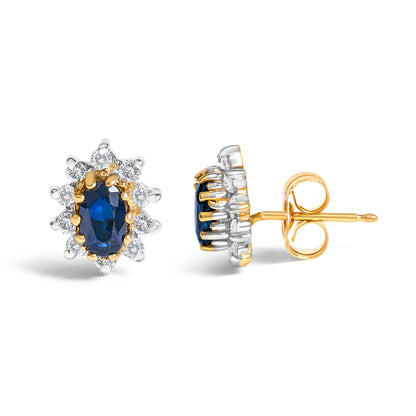 14K Yellow Gold 1/4 Cttw Diamond and Blue Sapphire Sunburst Halo Stud Earrings (K-L Color, I1-I2 Clarity)