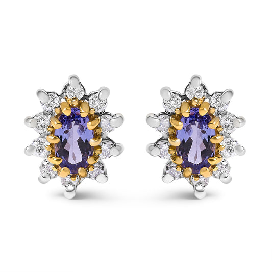 Boucles d'oreilles clous en or jaune 14 carats, tanzanite bleu-violet et diamants 1/4 Cttw, halo soleil (couleur K-L, clarté I1-I2)
