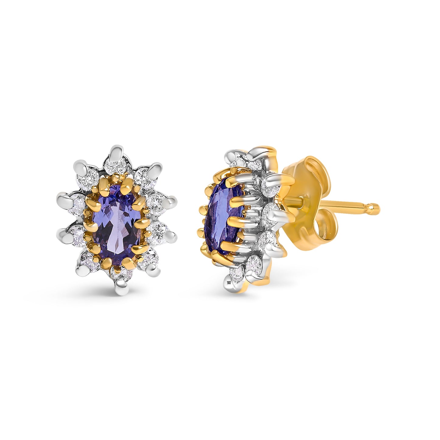 14K Yellow Gold 1/4 Cttw Diamond and Blue Purple Tanzanite Sunburst Halo Stud Earrings (K-L Color, I1-I2 Clarity)