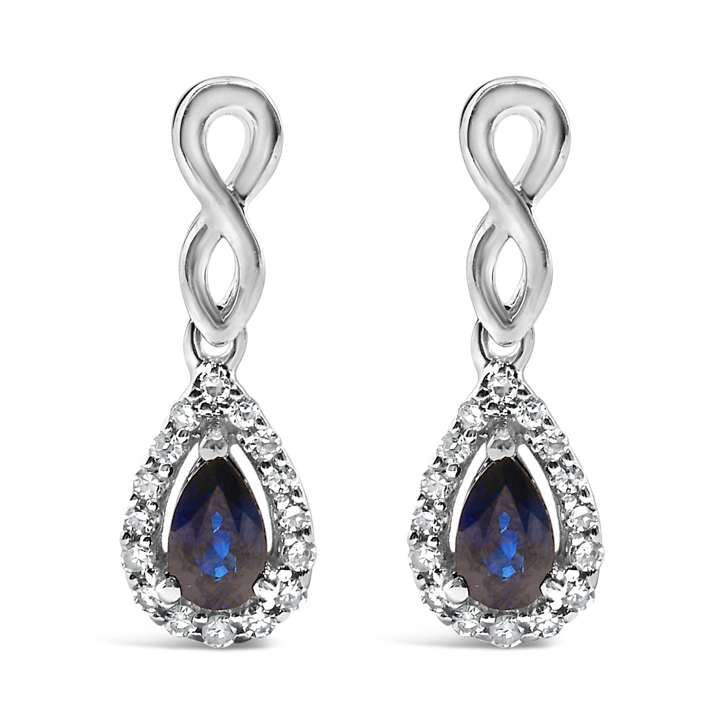 10K White Gold Pear Cut Blue Sapphire and 1/7 Cttw Diamond Infinity Drop and Dangle Earrings (I-J Color, I1-I2 Clarity)