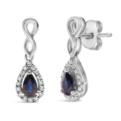 10K White Gold Pear Cut Blue Sapphire and 1/7 Cttw Diamond Infinity Drop and Dangle Earrings (I-J Color, I1-I2 Clarity)