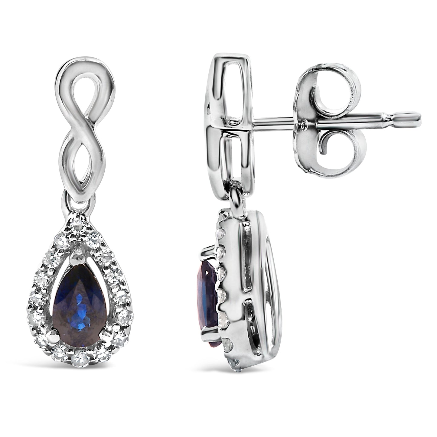 10K White Gold Pear Cut Blue Sapphire and 1/7 Cttw Diamond Infinity Drop and Dangle Earrings (I-J Color, I1-I2 Clarity)