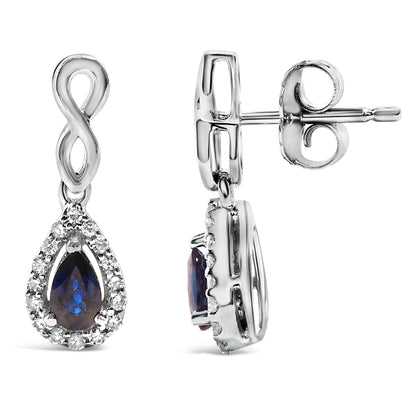 10K White Gold Pear Cut Blue Sapphire and 1/7 Cttw Diamond Infinity Drop and Dangle Earrings (I-J Color, I1-I2 Clarity)