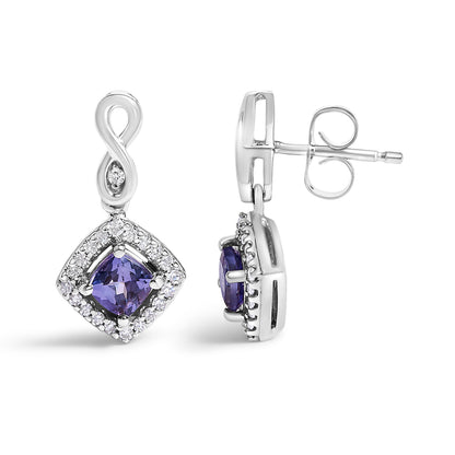 10K White Gold Blue Purple Tanzanite and Diamond Halo Cushion Shaped Drop Earrings (I-J Color, I1-I2 Clarity)