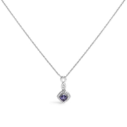10K White Gold Blue Purple Tanzanite and Diamond Accent Cushion Drop Pendant Necklace - 18" Inches