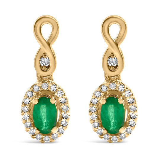 Boucles d'oreilles pendantes en or jaune 10K, émeraude ovale verte 5x3 mm et diamants ronds 1/7 Cttw