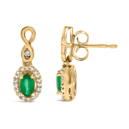 10K Yellow Gold Oval Cut Green Emerald 5x3 mm and 1/7 Cttw Round Diamond Dangle Earrings