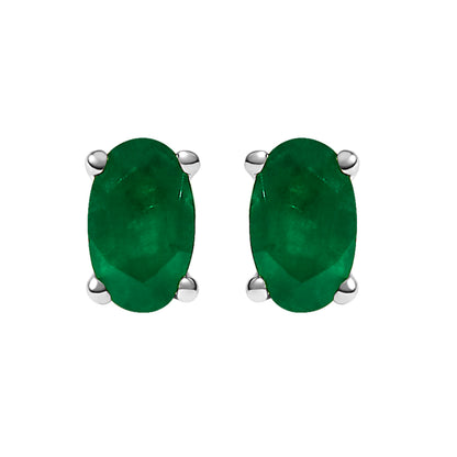 14K White Gold 5x3 MM Oval Green Emerald Solitaire Stud Earrings