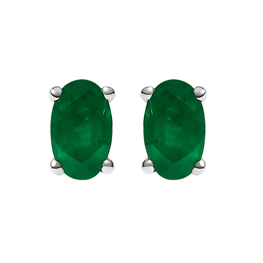 Clous d'oreilles solitaires en or blanc 14 carats émeraude verte ovale 5x3 mm