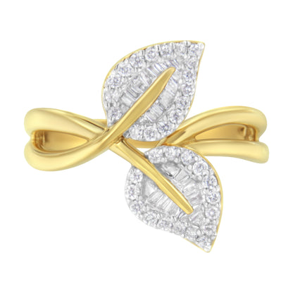 10K Yellow Gold 3/8 Cttw Round and Baguette-Cut Diamond Leaf Cocktail Ring - Size 7 (I-J Color, I1-I2 Clarity)