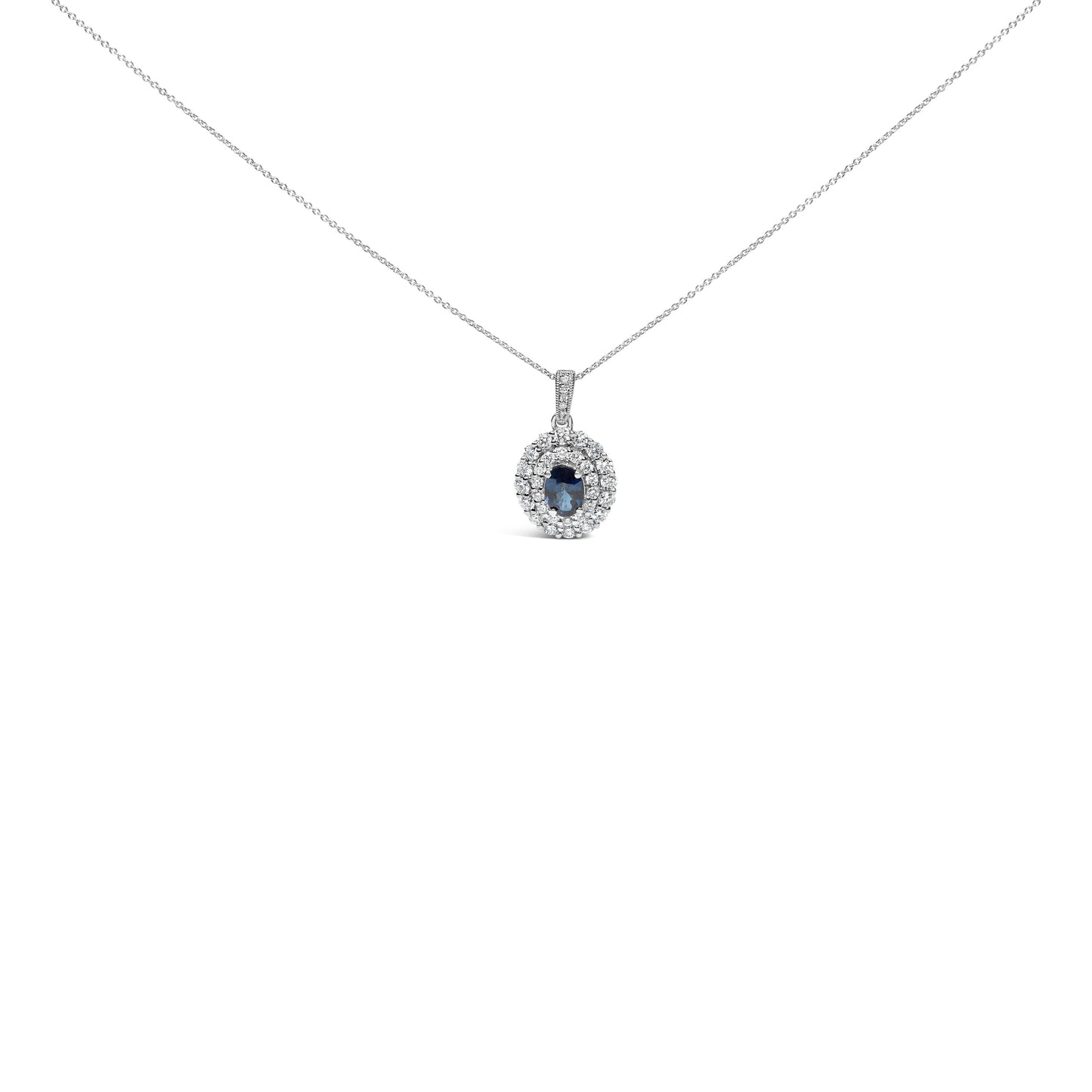 14K White Gold Oval Blue Sapphire and 3/4 Cttw Diamond Halo Pendant Necklace