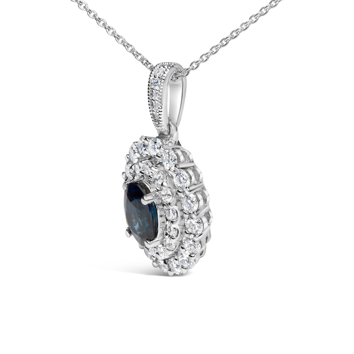 14K White Gold Oval Blue Sapphire and 3/4 Cttw Diamond Halo Pendant Necklace