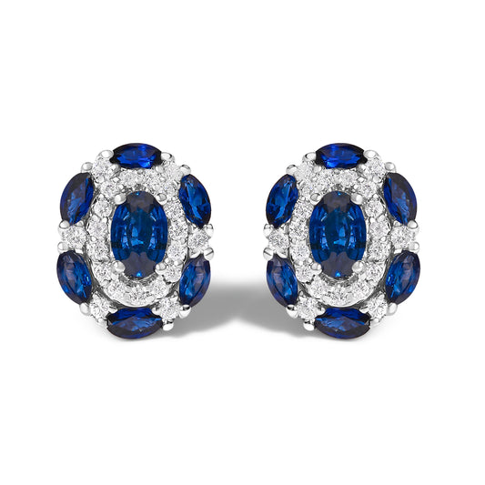 Clous d'oreilles de style vintage en or blanc 14 carats, saphir bleu et diamants (couleur G-H, pureté SI2-I1)