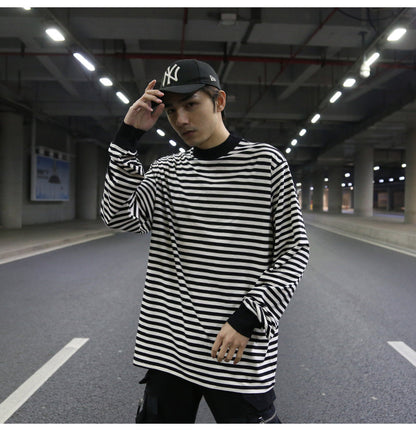 Oversized Striped T-Shirt with Ribbed Collar