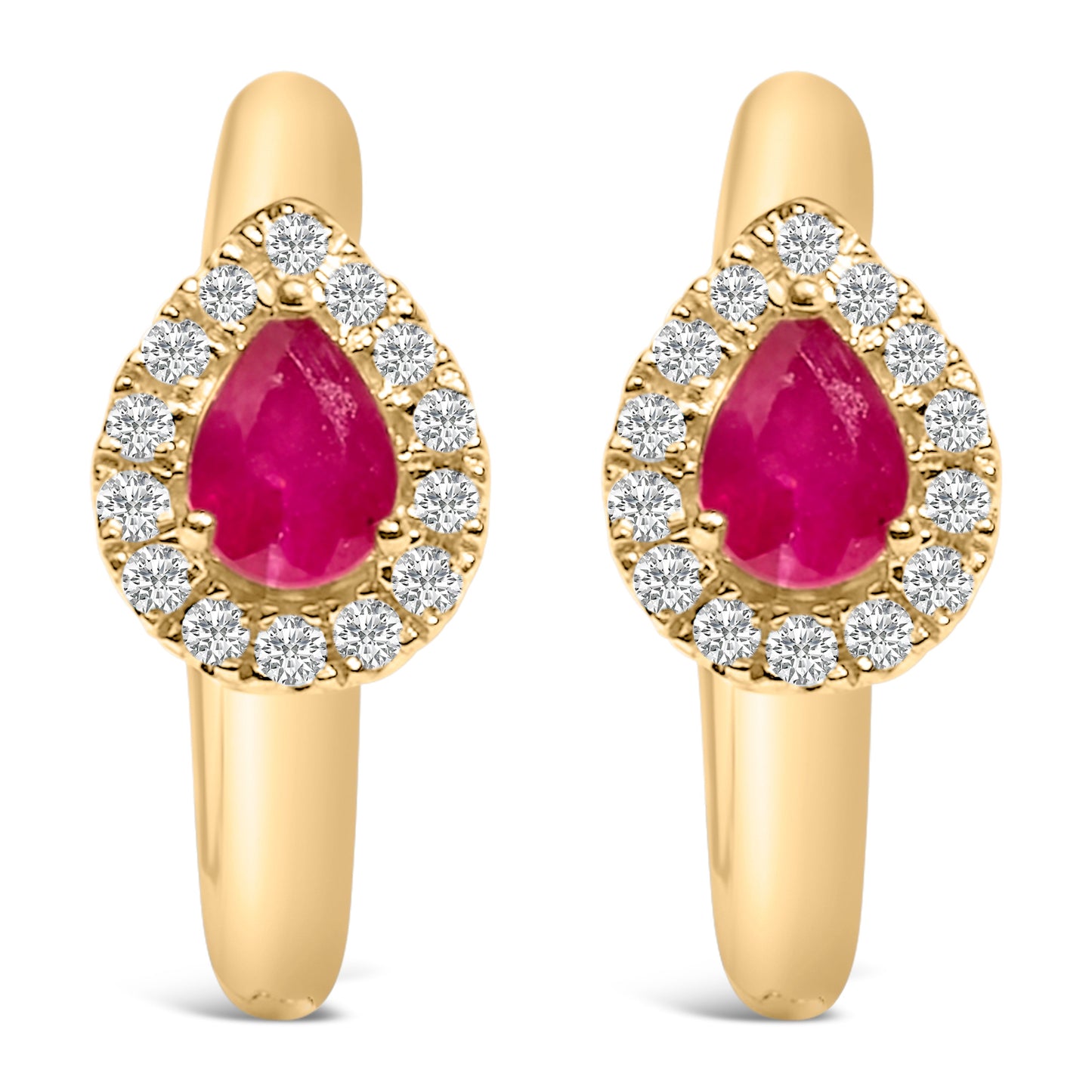 10K Yellow Gold Pear Cut Red Ruby 4x3 mm and 1/10 Cttw Round Diamond Huggy Earrings (I-J Color, I1-I2 Clarity)