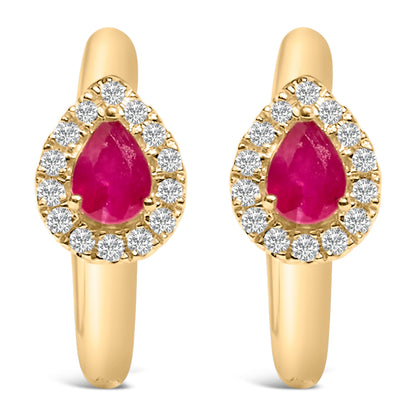 10K Yellow Gold Pear Cut Red Ruby 4x3 mm and 1/10 Cttw Round Diamond Huggy Earrings (I-J Color, I1-I2 Clarity)