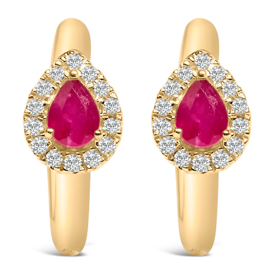 Boucles d'oreilles créoles en or jaune 10K, rubis rouge taille poire 4x3 mm et diamants ronds 1/10 Cttw (couleur I-J, pureté I1-I2)