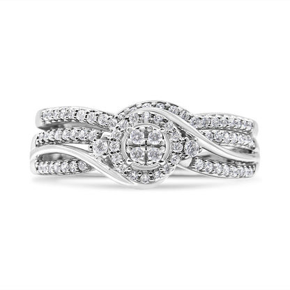 .925 Sterling Silver 1/3 Cttw Composite Diamond Frame Bypass Bridal Set Ring and Band (I-J Color, I2-I3 Clarity) - Ring Size 7