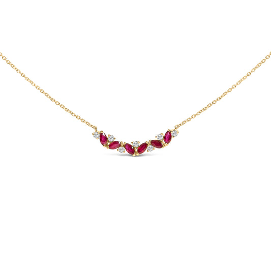 Collier barrette trio or jaune 14K rubis et diamants (couleur I-J, pureté SI2-I1) - 45,7 cm