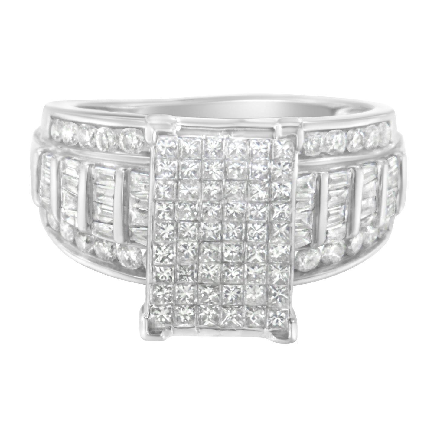 14K White Gold 2.0 Cttw Mixed-Cut Diamond Rectangle Invisible-Set Composite Cluster Ring with Bar- and Channel-Set Band (H-I Color, SI2-I1 Clarity) - Size 5