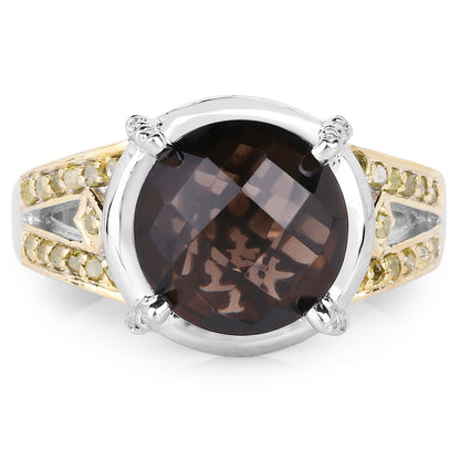 3.28 Carat Genuine Smoky Quartz, Yellow Diamond & White Diamond .925 Sterling Silver Ring