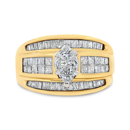 Bague cocktail de fiançailles en or jaune 14 carats, sertie de diamants taille marquise (total 1,5 carat) de taille tarte, princesse et baguette (couleur H-I, pureté I1-I2) - Taille 7