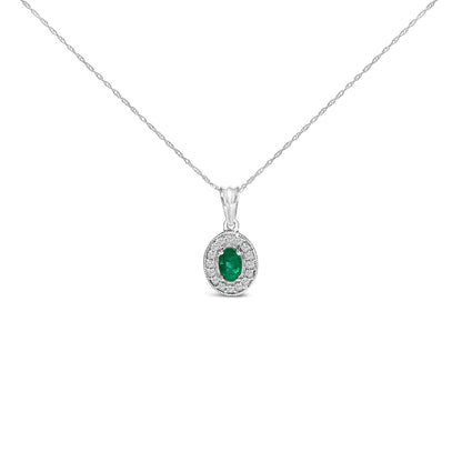 14K White Gold Oval 6x4 MM Green Emerald and Diamond Halo Pendant Necklace - 18 inch