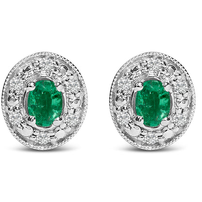14K White Gold Oval Green Emerald and 1/10 Cttw Diamond Halo Stud Earrings  (I-J Color, I1-I2 Clarity)