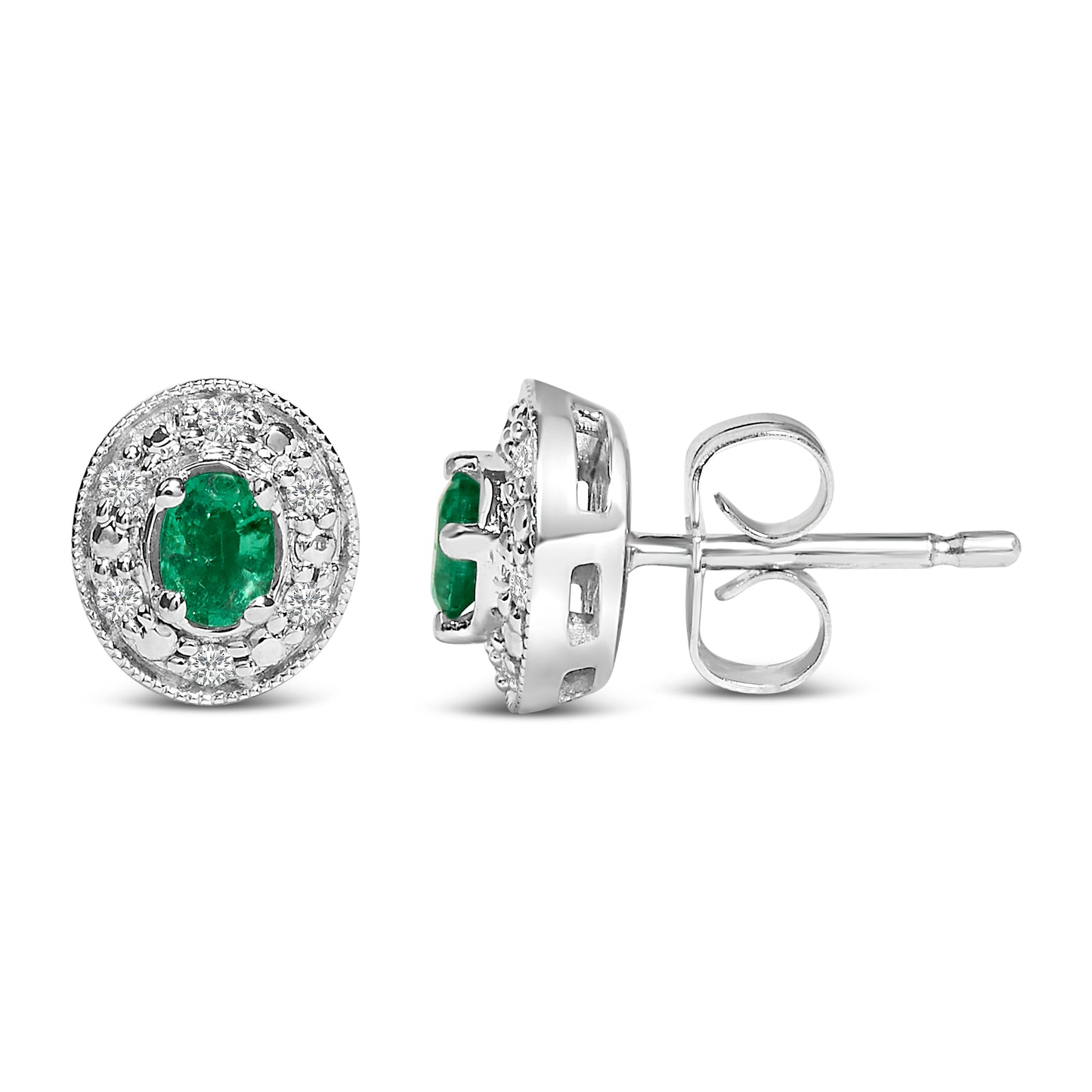 14K White Gold Oval Green Emerald and 1/10 Cttw Diamond Halo Stud Earrings  (I-J Color, I1-I2 Clarity)