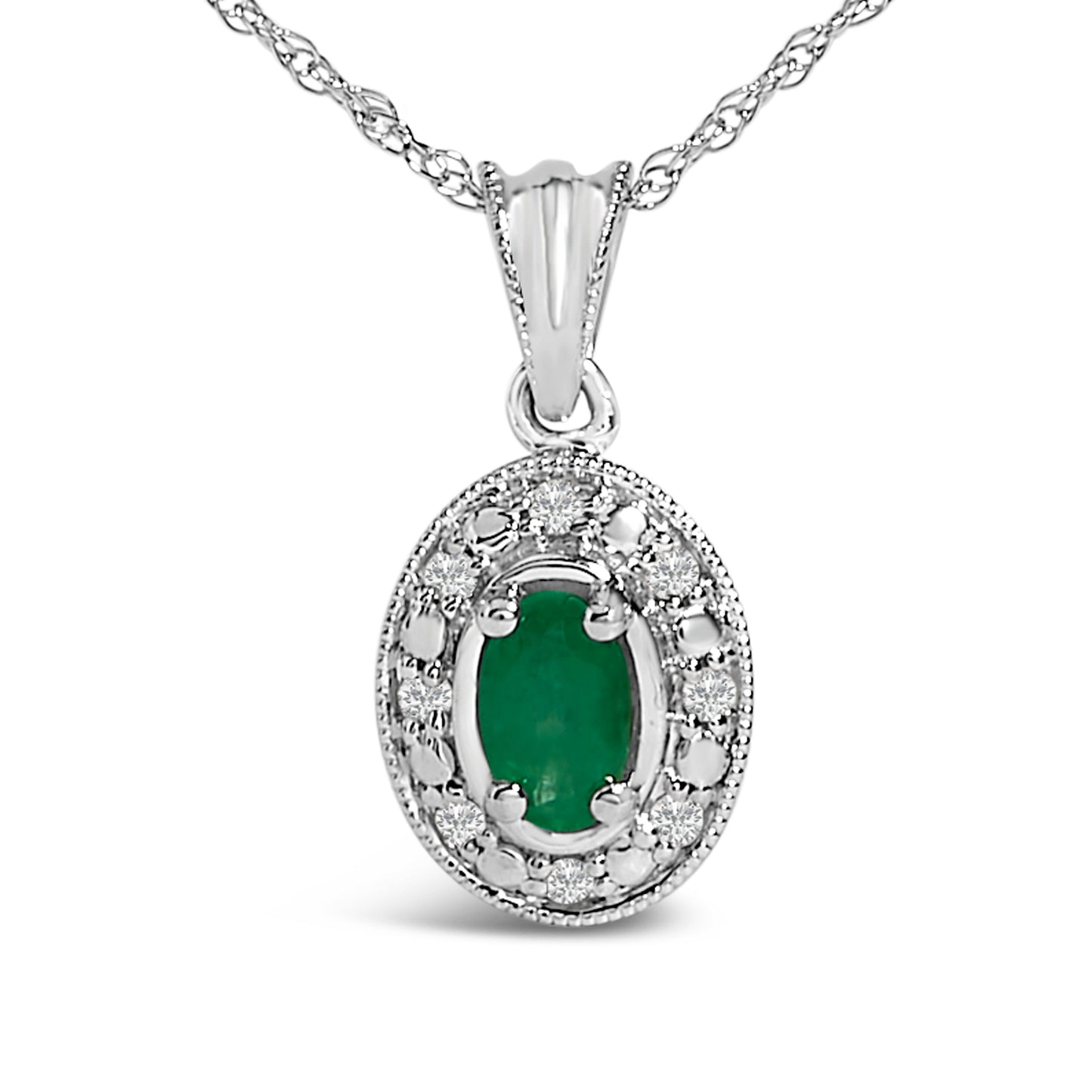 14K White Gold Oval Green Emerald and Diamond Halo Pendant Necklace - 18" Inches