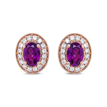 14K Rose Gold 7x5mm Oval Cut Garnet and 3/8 Cttw Round Diamond Halo Stud Earrings (G-H Color, SI1-SI2 Clarity)