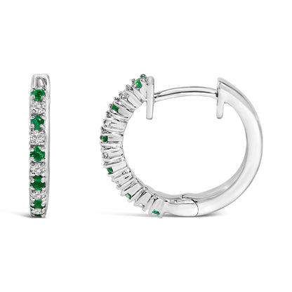 10K White Gold Alternating Emerald 1/10 Cttw Diamond Huggy Hoop Earrings (I-J Color, I1-I2 Clarity)